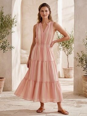 RAILS Lou Lou Sleeveless Pink Stripe Tiered Linen Maxi Dress, Size Small